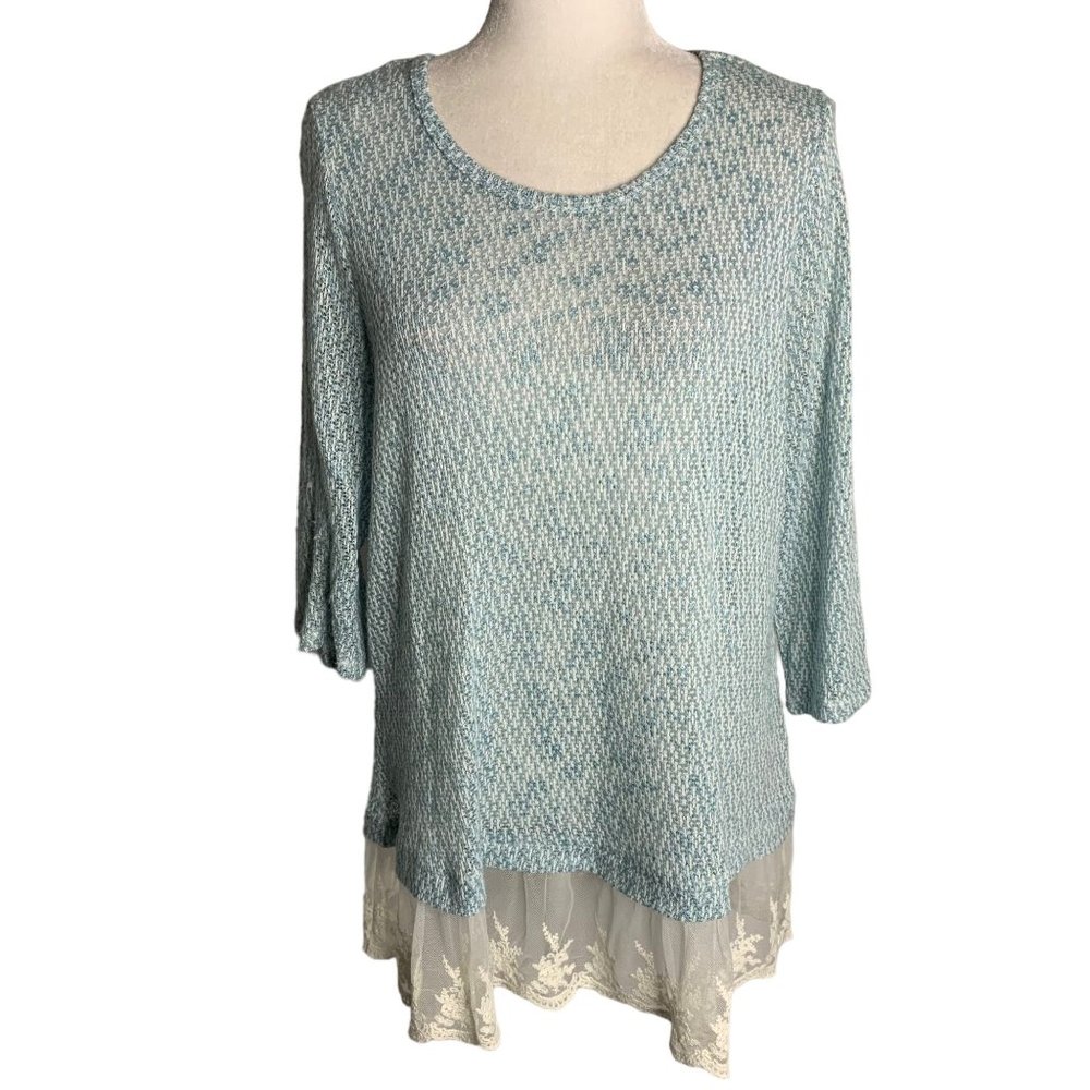 Krazy Kat Lightweight Knit Sweater XL Blue Lace Trim Long Sleeve Round Neck